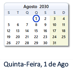 1 Agosto 2030 calendario