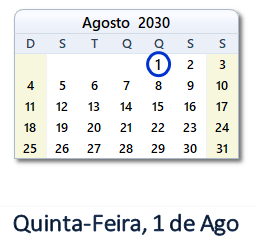 1 Agosto 2030 calendario