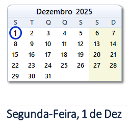 1 Dezembro 2025 calendario