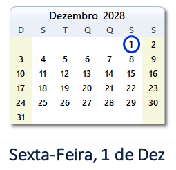 1 Dezembro 2028 calendario
