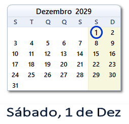 1 Dezembro 2029 calendario