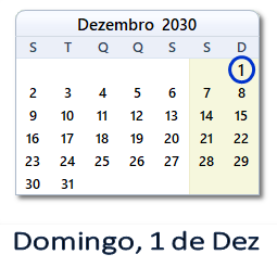 1 Dezembro 2030 calendario