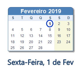 1 Fevereiro 2019 calendario