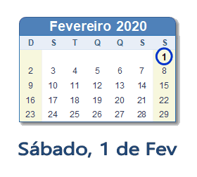 1 Fevereiro 2020 calendario