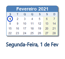 1 Fevereiro 2021 calendario