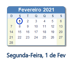 1 Fevereiro 2021 calendario