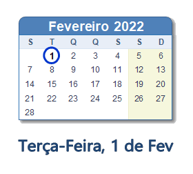 1 Fevereiro 2022 calendario