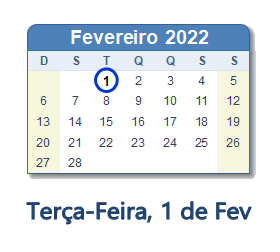 1 Fevereiro 2022 calendario