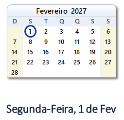 1 Fevereiro 2027 calendario