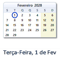 1 Fevereiro 2028 calendario