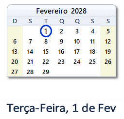 1 Fevereiro 2028 calendario