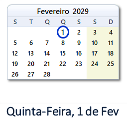 1 Fevereiro 2029 calendario