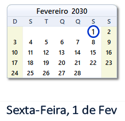 1 Fevereiro 2030 calendario