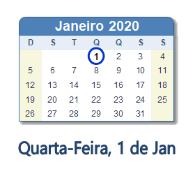1 Janeiro 2020 calendario