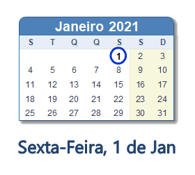 1 Janeiro 2021 calendario