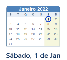 1 Janeiro 2022 calendario