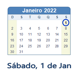 1 Janeiro 2022 calendario