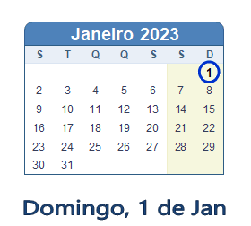 1 Janeiro 2023 calendario