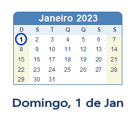 1 Janeiro 2023 calendario
