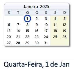 1 Janeiro 2025 calendario