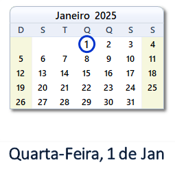 1 Janeiro 2025 calendario
