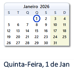 1 Janeiro 2026 calendario