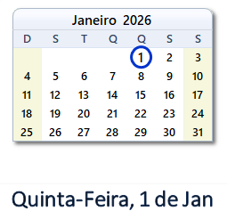 1 Janeiro 2026 calendario