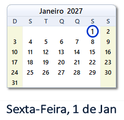1 Janeiro 2027 calendario