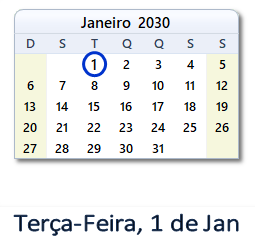 1 Janeiro 2030 calendario