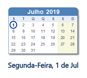 1 Julho 2019 calendario