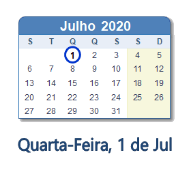 1 Julho 2020 calendario