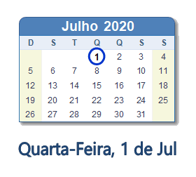 1 Julho 2020 calendario