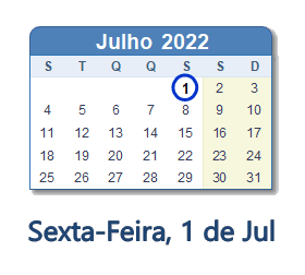 1 Julho 2022 calendario