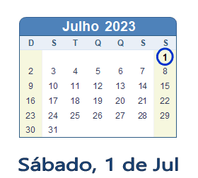 1 Julho 2023 calendario