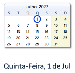 1 Julho 2027 calendario