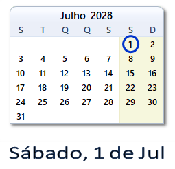 1 Julho 2028 calendario
