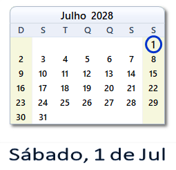 1 Julho 2028 calendario