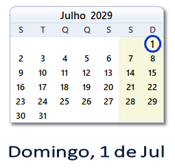 1 Julho 2029 calendario