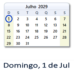 1 Julho 2029 calendario