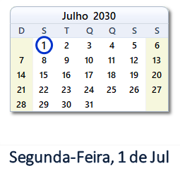 1 Julho 2030 calendario