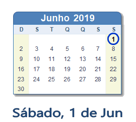1 Junho 2019 calendario