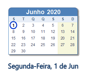 1 Junho 2020 calendario