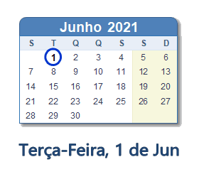 1 Junho 2021 calendario