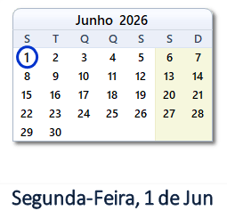 1 Junho 2026 calendario