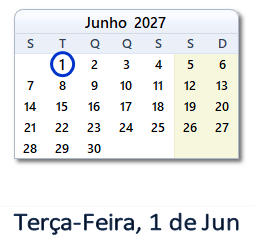 1 Junho 2027 calendario