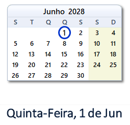 1 Junho 2028 calendario