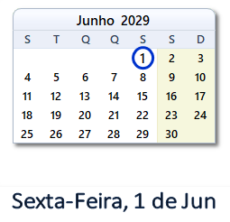 1 Junho 2029 calendario
