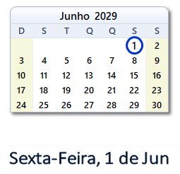 1 Junho 2029 calendario