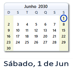 1 Junho 2030 calendario