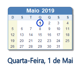 1 Maio 2019 calendario